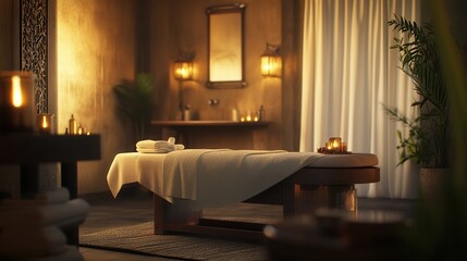 Tranquil spa room with a massage table, soft lighting, and candles, perfect for relaxation and rejuvenation. Cozy and serene ambiance.