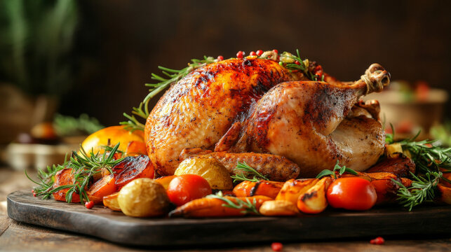 A whole baked chicken with a golden, crispy skin, nestled in a pan surrounded by perfectly roasted potatoes. The chicken is cooked to perfection, with a deliciously browned exterior that contrasts bea
