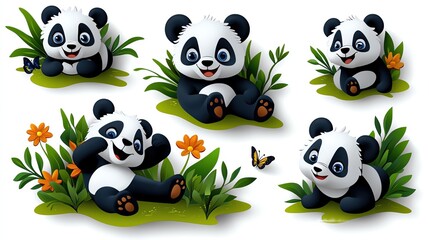 Naklejka premium Adorable panda illustrations showcasing playful poses among vibrant plants and butterflies, perfect for children's themes.