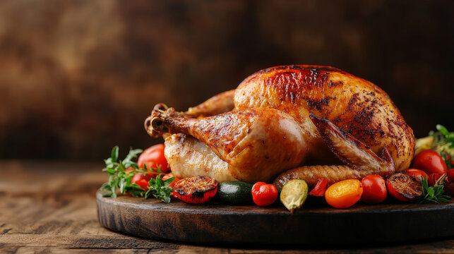 A whole baked chicken with a golden, crispy skin, nestled in a pan surrounded by perfectly roasted potatoes. The chicken is cooked to perfection, with a deliciously browned exterior that contrasts bea