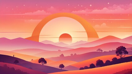 Obraz premium A beautiful landscape with a large rainbow and a sun in the sky
