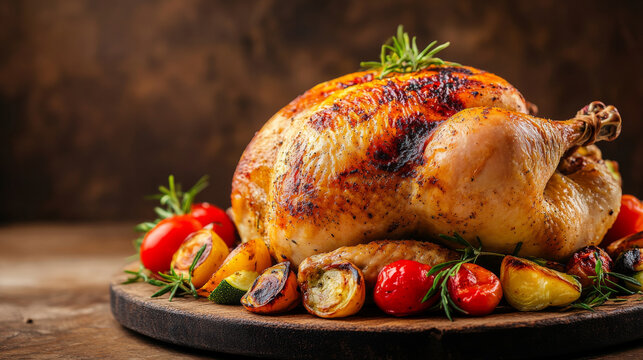 A whole baked chicken with a golden, crispy skin, nestled in a pan surrounded by perfectly roasted potatoes. The chicken is cooked to perfection, with a deliciously browned exterior that contrasts bea