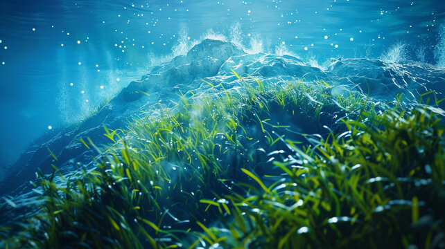 a serene underwater view of a seamount with gently swaying seaweed