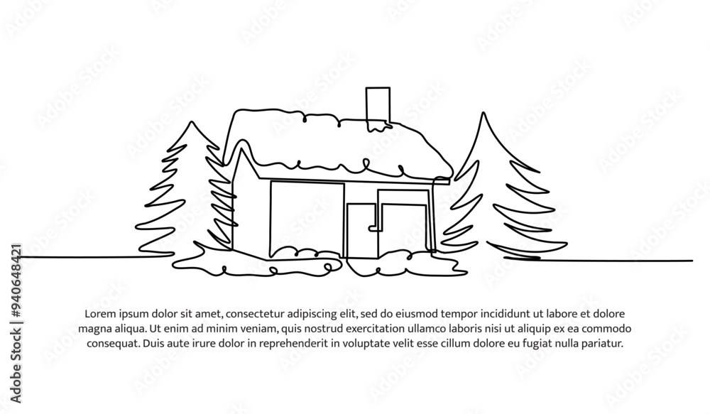 Poster continuous line design of a house with trees and a snowman. single line decorative element drawn on 