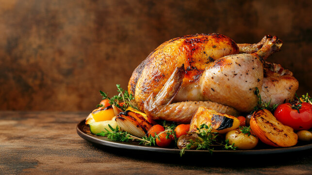 A whole baked chicken with a golden, crispy skin, nestled in a pan surrounded by perfectly roasted potatoes. The chicken is cooked to perfection, with a deliciously browned exterior that contrasts bea
