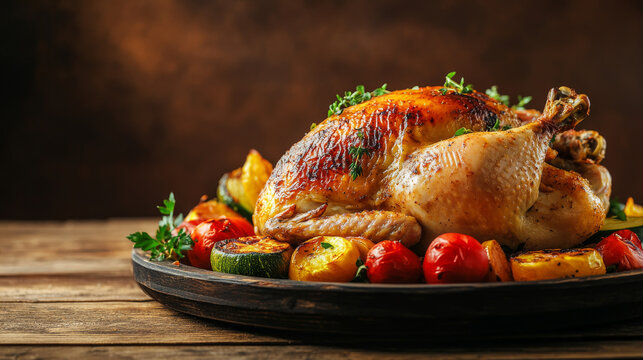 A whole baked chicken with a golden, crispy skin, nestled in a pan surrounded by perfectly roasted potatoes. The chicken is cooked to perfection, with a deliciously browned exterior that contrasts bea