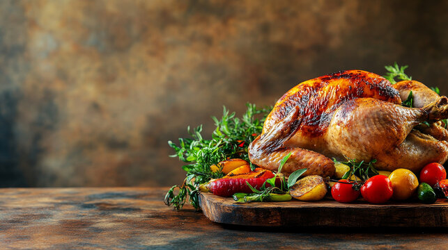 A whole baked chicken with a golden, crispy skin, nestled in a pan surrounded by perfectly roasted potatoes. The chicken is cooked to perfection, with a deliciously browned exterior that contrasts bea
