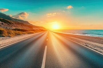Naklejka premium road landscape on summer in sunset. highway landscape at colorful sunset. Road view on the beach in summertime. colorful seascape with beautiful road scenery. Highway view on beach for vacation , ai