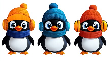 Fototapeta premium Three adorable cartoon penguins wearing colorful winter hats and headphones, perfect for seasonal designs and children's content.