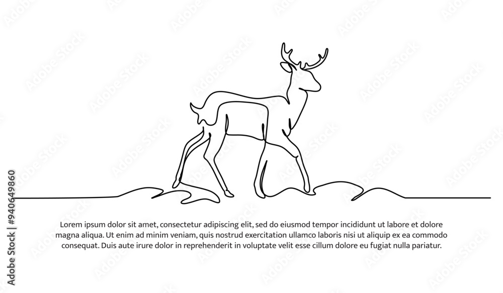 Poster continuous line design of a deer walking in the snow. single line decorative element drawn on white 