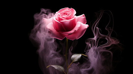 pink rose with smoke on black background