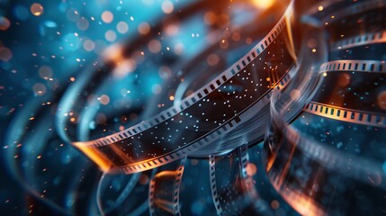 2. Silver movie film reel, dynamic motion, curling film strip, perforated edges, cinematic background, blue gradient backdrop, lens flare effect, bright light beam, multiple overlapping film strips,