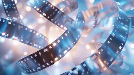 4. Cinematic film reel, silver metallic finish, dynamic motion, curling film strip, perforated edges, blue gradient backdrop, lens flare effect, bright light beam, multiple overlapping film strips,