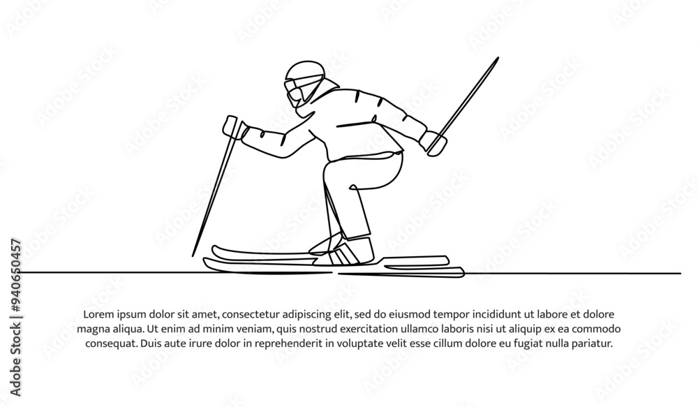 Poster continuous line design of a young man playing ice skating during the snow. single line decorative el