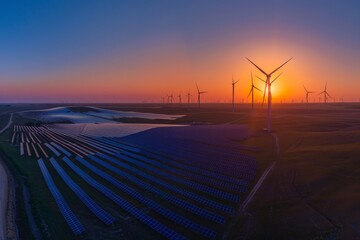 Sunset over wind turbines and solar panels in a serene field. Conceptual renewable energy landscape. The photo features clean energy sources juxtaposed against a vibrant evening sky. Generative AI