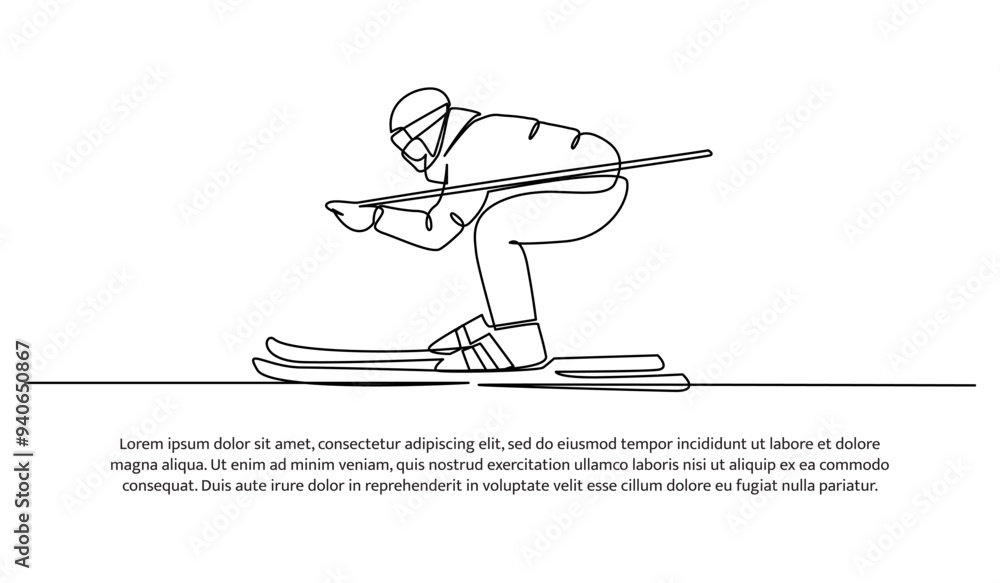 Poster continuous line design of a young man playing ice skating during the snow. single line decorative el