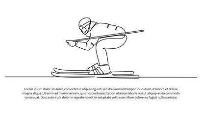 Continuous line design of a young man playing ice skating during the snow. Single line decorative element drawn on white background.