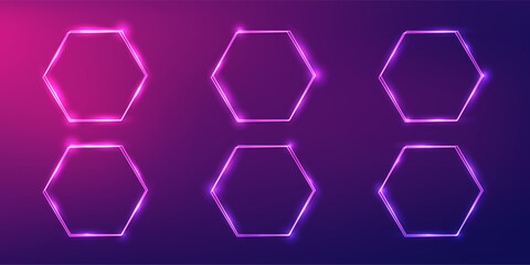 Set of six neon frames with shining effects