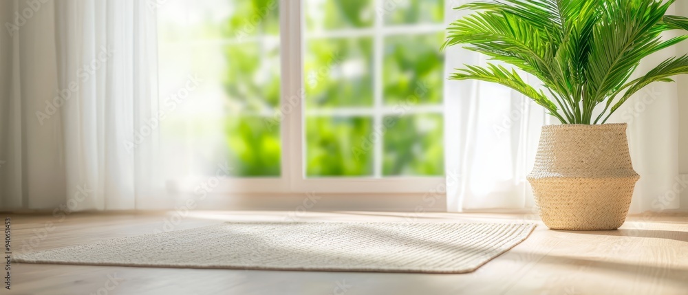 Poster a potted green plant atop a wooden floor, near a window