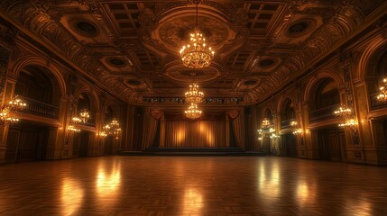 Well-Lit Event Hall Featuring a Stage with Ornate Ceiling and Chandeliers