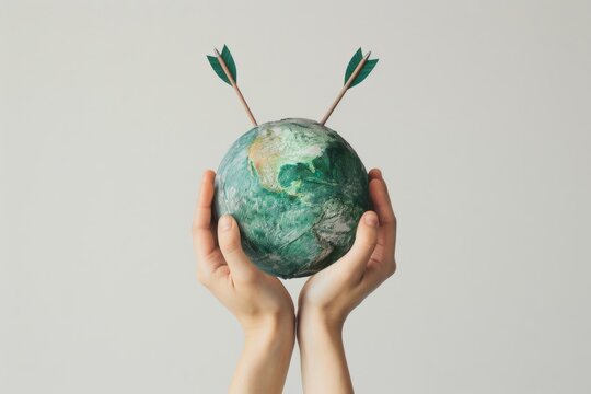 Hands holding a globe with arrows symbolizing ecological awareness and environmental protection. Simple and minimalist design. Conceptual image perfect for eco-friendly content. Generative AI