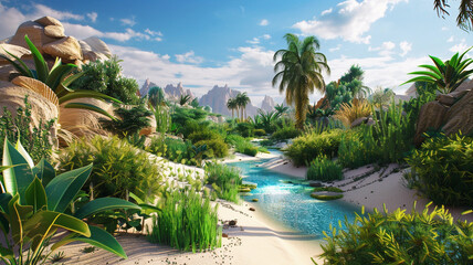 Fototapeta premium a tranquil desert oasis with lush vegetation and a sparkling water source