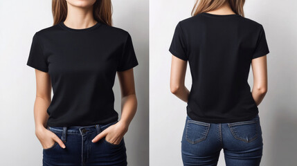 A collage featuring close-up photos of a woman wearing a dark grey t-shirt, presented on a white background. The collage includes both front and back views, highlighting the fit and design of the t-sh