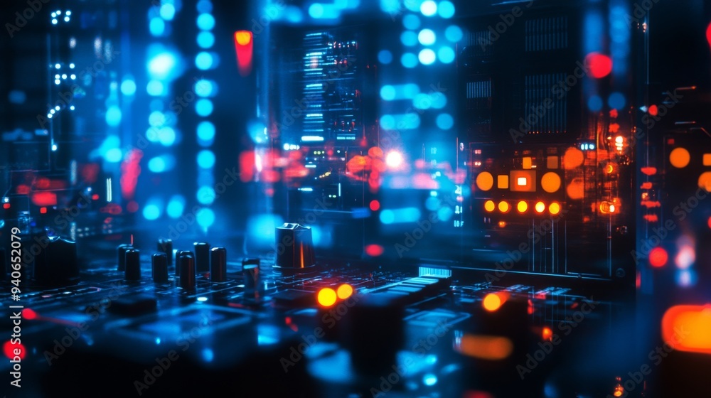 Aufkleber abstract technology background with blurred lights and a circuit board in the foreground.