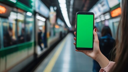 Woman is holding a smartphone with green or chroma key screen in blurred subway train station blurred background, perfect for showcasing apps and mobile technology, travel and navigation concept