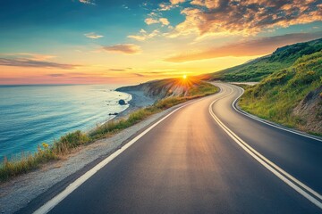 Naklejka premium road landscape on summer in sunset. highway landscape at colorful sunset. Road view on the beach in summertime. colorful seascape with beautiful road scenery. Highway view on beach for vacation , ai