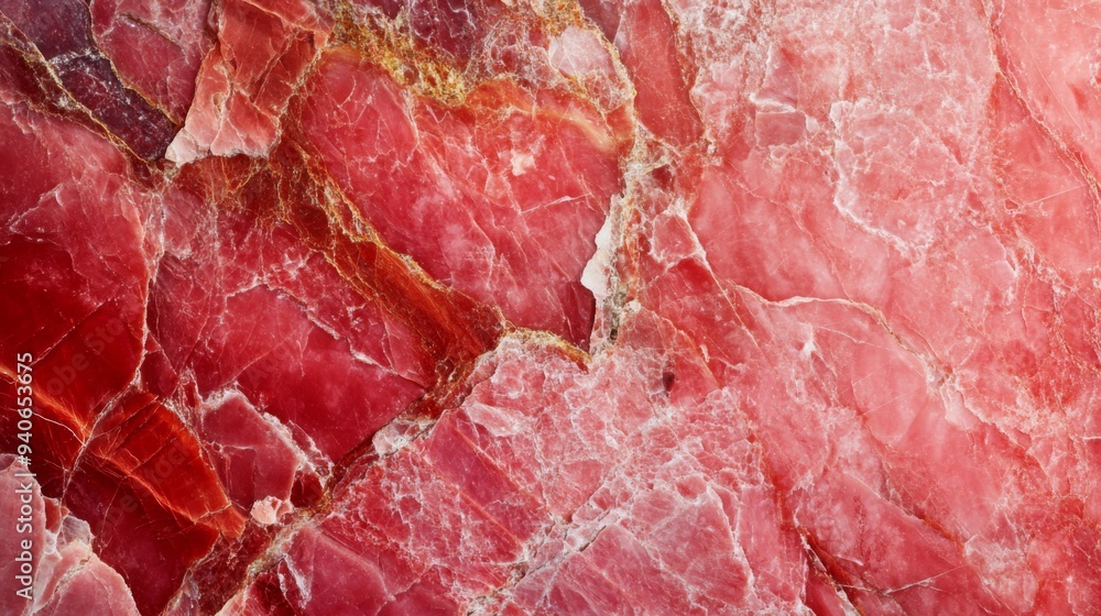 Poster close-up of a red and pink marble surface with a natural veining pattern.