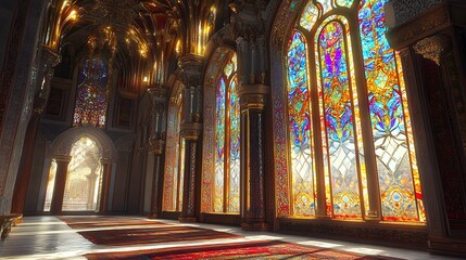 Fototapeta premium Enchanting Royal Palace Interior with Towering Stained Glass Windows