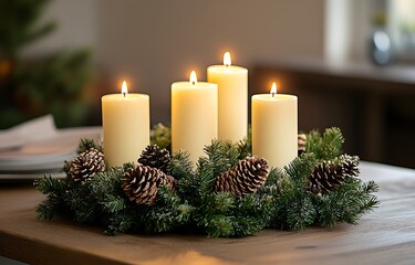 Stunning four white candles on an altar, surrounded by evergreen branches and red berries