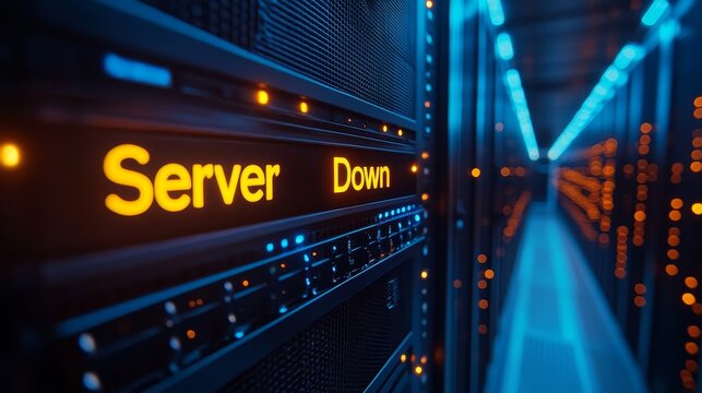 A server rack displaying "Server Down" in a server room, symbolizing downtime, network outage, technical issues, data loss, and system failure.