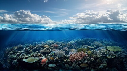 Underwater scene showcasing vibrant coral reefs and sunlight filtering through the ocean surface.