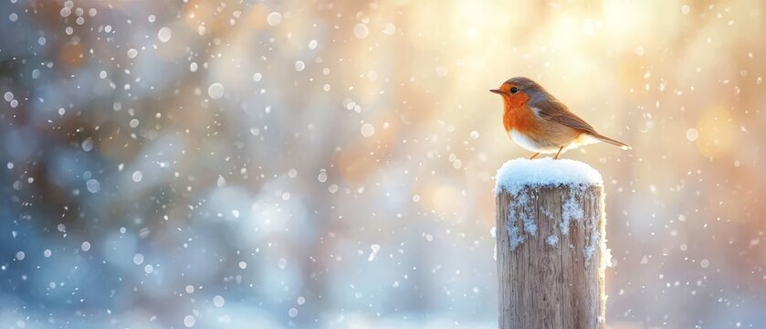  A small bird perches atop a weathered wooden post, surrounded by a snow-covered field Trees dot the background