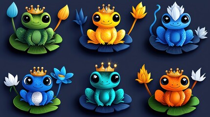 Colorful cartoon frogs wear crowns and sit on lily pads, showcasing playful designs in vibrant hues and charming expressions.