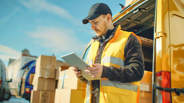 A delivery man in a yellow vest checks his tablet while surrounded by boxes, preparing for an efficient delivery process in the open air