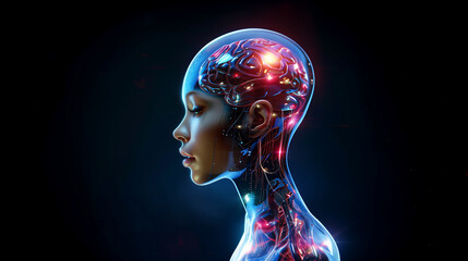 Obraz premium Side profile of a female cyborg with a transparent cranium revealing a lit neural network. Futuristic artificial intelligence concept