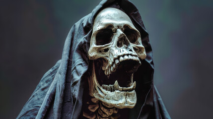 A fearsome grim reaper with an open mouth and wide eyes evokes terror, shrouded in a dark cloak against a haunting black backdrop