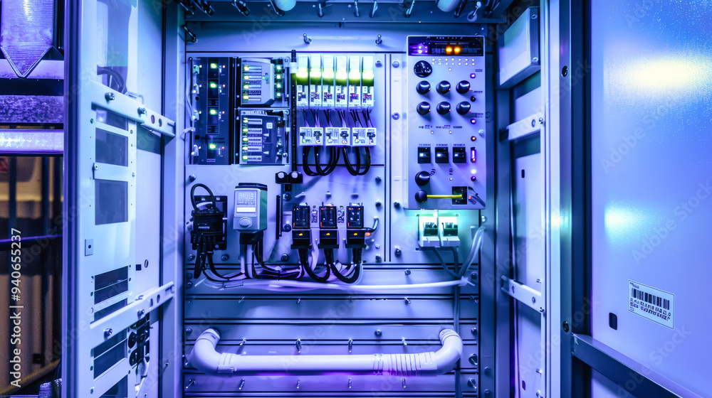 Poster the control panel features illuminated switches and wires, showcasing cutting-edge technology in a m