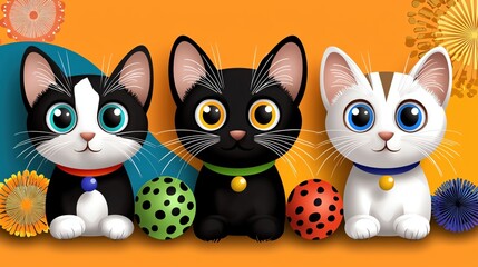 Obraz premium Three colorful cartoon cats surrounded by playfully decorated Easter eggs on a vibrant orange background.