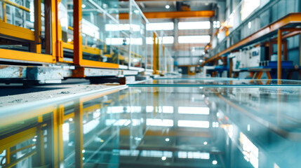 Naklejka premium Brightly lit factory floor features advanced glass processing equipment and pristine, reflective glass sheets ready for production