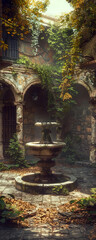 an oil painting of a beautiful and peaceful courtyard with a fountain in the center
