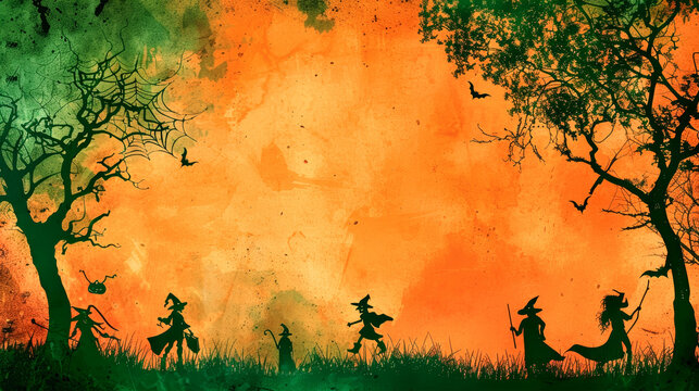 A whimsical Halloween backdrop showcases mysterious witches, wizards, and goblins among silhouettes of trees and bats in an enchanting gradient