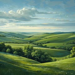 Obraz premium serene view of nature, rolling green meadows, soft blue sky, soft light 
