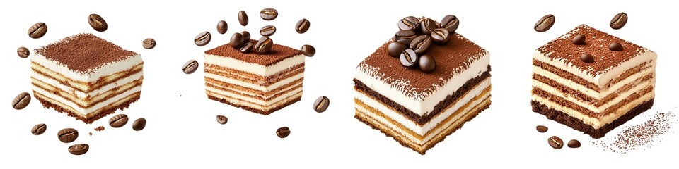 Various pieces of Tiramisu cake with coffee beans, showcasing the layers of coffee-soaked ladyfingers, mascarpone cheese, and cocoa powder.