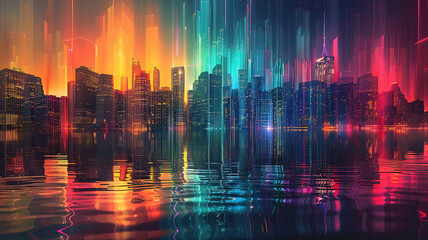 Abstract panorama of a metropolis at night with bright lights, glow and reflection in the water.