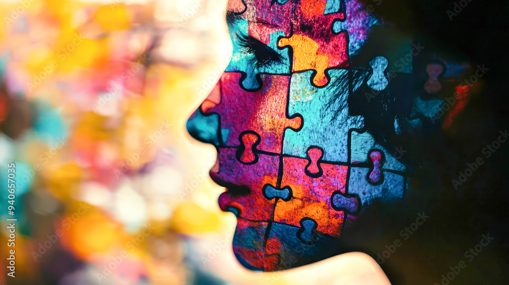 Poster a silhouette of a man's face is fused with colorful puzzle pieces, symbolizing complexity and identi