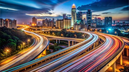 Highway lights illuminating cityscape with streaks of traffic at night, long exposure photography